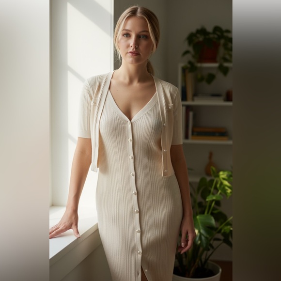 Chic Cream Button-Down Midi Dress - Picture 4 of 4